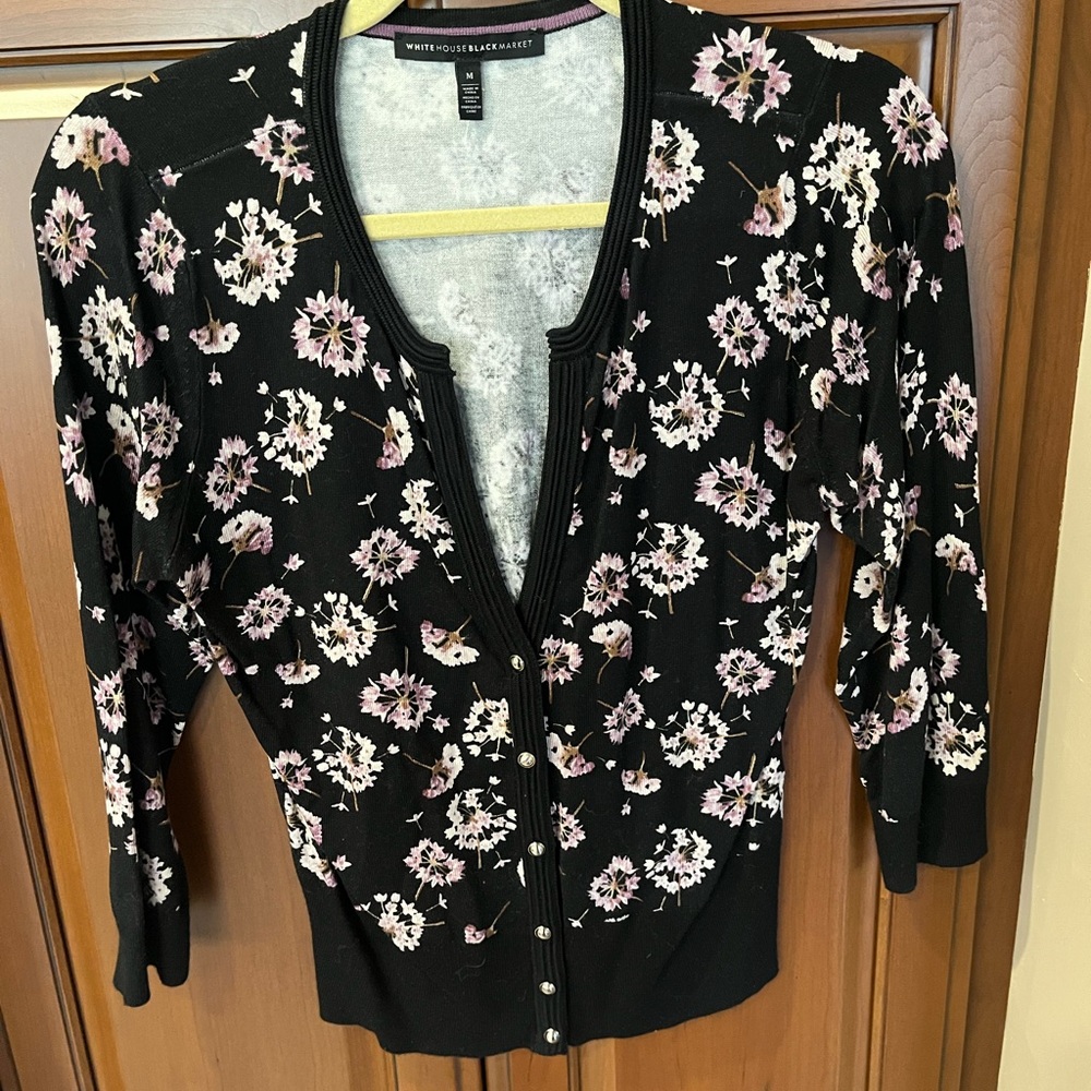 White House Black Market Black and Pink Floral Cardigan